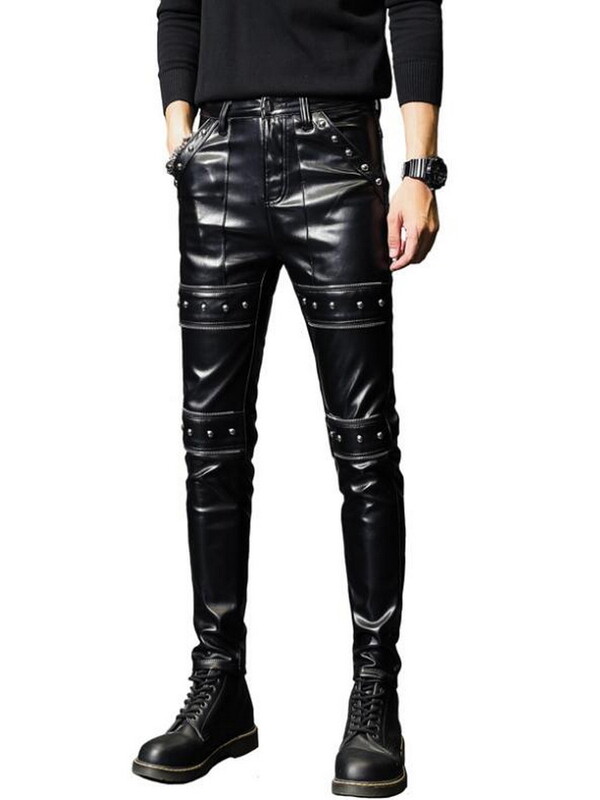 Εξατομικευμένο δερμάτινο παντελόνι Rivet Ανδρικό παντελόνι Slim Fleece Χοντρό Skinny Παντελόνι Ανδρικό Teenager Μαύρο παντελόνι από συνθετικό δέρμα