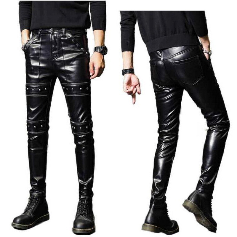 Εξατομικευμένο δερμάτινο παντελόνι Rivet Ανδρικό παντελόνι Slim Fleece Χοντρό Skinny Παντελόνι Ανδρικό Teenager Μαύρο παντελόνι από συνθετικό δέρμα