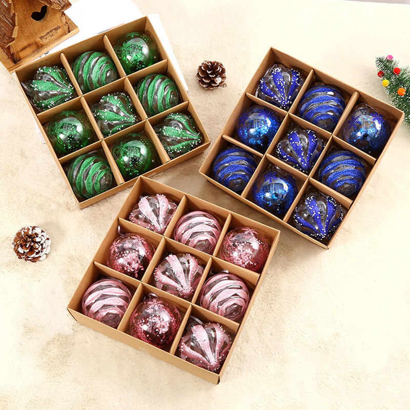 1 doboz 9db karácsonyi bálok díszek karácsonyfa parti dekoráció 8 cm újévi díszek golyó kézzel festett karácsonyi bál