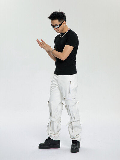 Mauroicardi tavaszi ősz hűvös fekete pu bőr nadrág férfi sok cipzárral Öv Luxus Designer Ruházat Nadrág Divat 2023