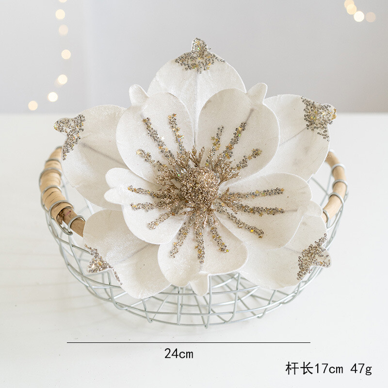 24 cm-es csillogó karácsonyi virágok mesterséges magnólia szövet ragasztó, csillogó karácsonyi fadísz, barkács koszorú Navidad újévi ajándékok