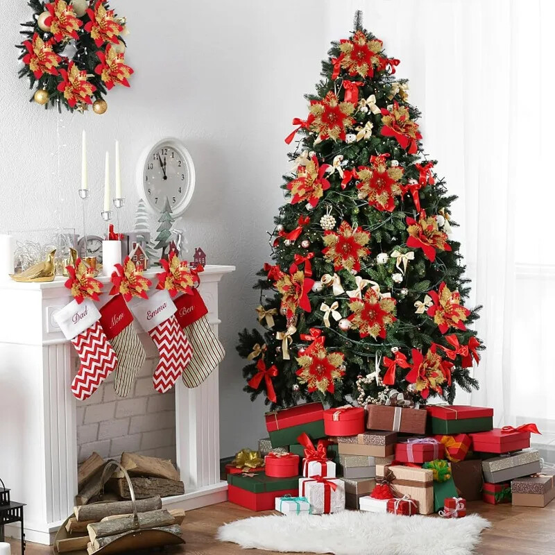 12/24 vnt. aukso pudra Kalėdų gėlė Dirbtinė Kalėdų eglutė kabantis gėlių pakabukas Naujųjų metų Kalėdų vakarėlio namų dekoravimo reikmenys