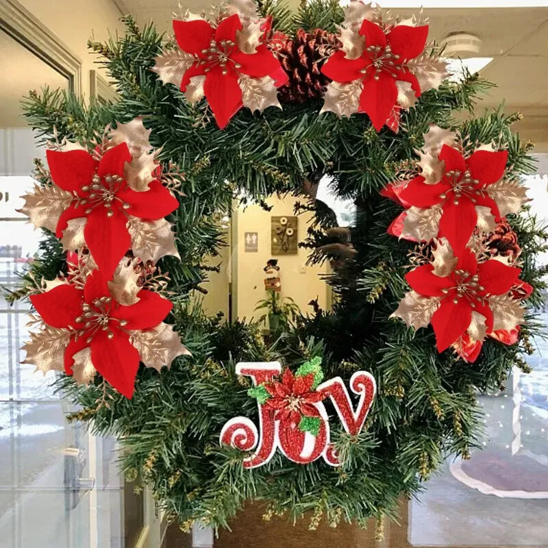 12/24 vnt. aukso pudra Kalėdų gėlė Dirbtinė Kalėdų eglutė kabantis gėlių pakabukas Naujųjų metų Kalėdų vakarėlio namų dekoravimo reikmenys