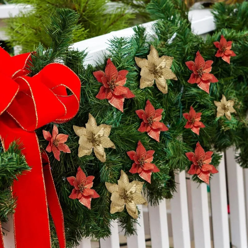 12/24 vnt. aukso pudra Kalėdų gėlė Dirbtinė Kalėdų eglutė kabantis gėlių pakabukas Naujųjų metų Kalėdų vakarėlio namų dekoravimo reikmenys