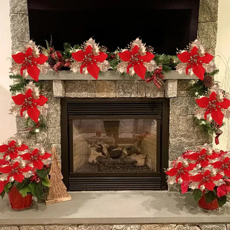 12/24 vnt. aukso pudra Kalėdų gėlė Dirbtinė Kalėdų eglutė kabantis gėlių pakabukas Naujųjų metų Kalėdų vakarėlio namų dekoravimo reikmenys