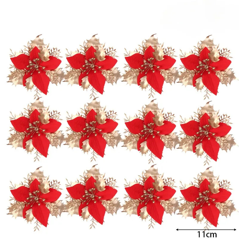 12/24 vnt. aukso pudra Kalėdų gėlė Dirbtinė Kalėdų eglutė kabantis gėlių pakabukas Naujųjų metų Kalėdų vakarėlio namų dekoravimo reikmenys