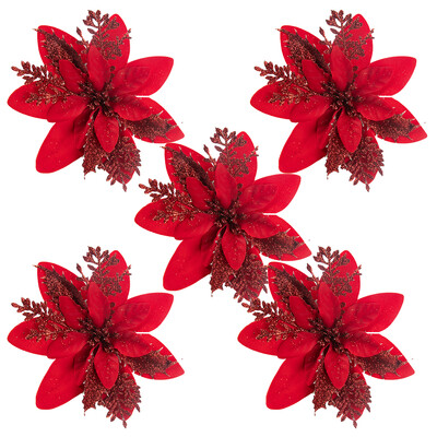 5/10 bucăți 15 cm sclipici flori roșii de Crăciun ornamente artificiale de poinsettia 2024 decorațiuni de Crăciun pentru acasă Anul Nou