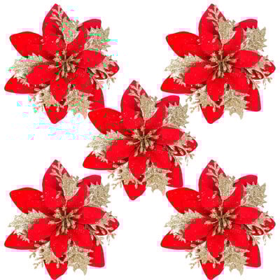 5/10 db 15 cm-es csillogó piros karácsonyi virágok mesterséges Mikulásvirág virágdíszek 2024 karácsonyi dekoráció otthonra, újévre