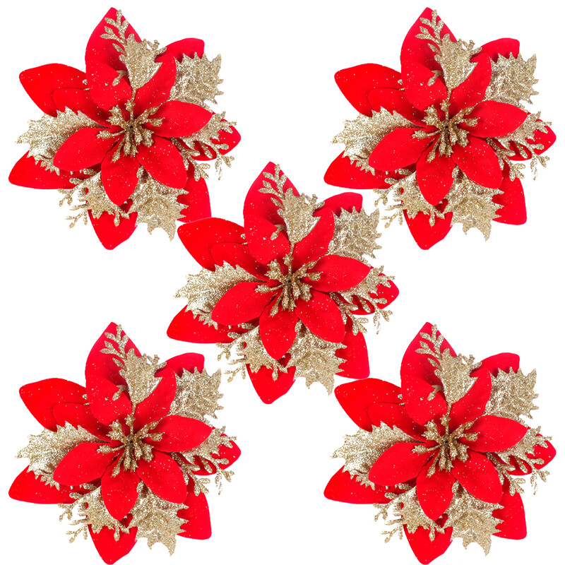 5/10 db 15 cm-es csillogó piros karácsonyi virágok mesterséges Mikulásvirág virágdíszek 2024 karácsonyi dekoráció otthonra, újévre