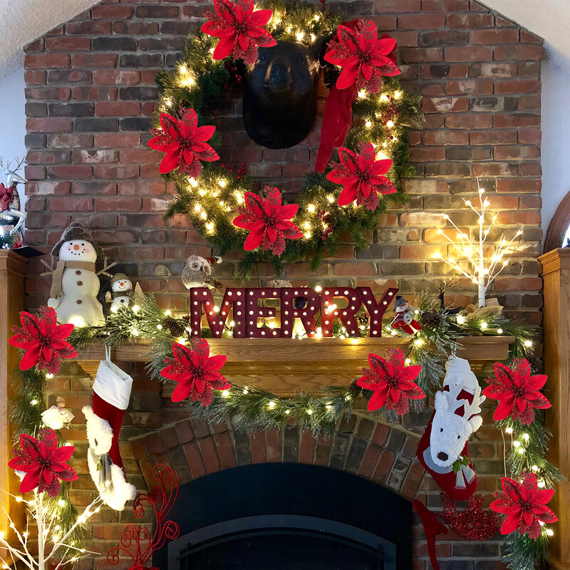 5/10 db 15 cm-es csillogó piros karácsonyi virágok mesterséges Mikulásvirág virágdíszek 2024 karácsonyi dekoráció otthonra, újévre