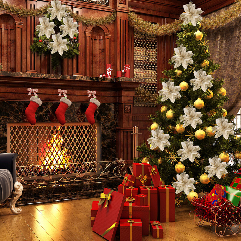 5/10 db 15 cm-es csillogó piros karácsonyi virágok mesterséges Mikulásvirág virágdíszek 2024 karácsonyi dekoráció otthonra, újévre