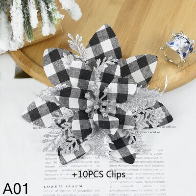 5,7 colio dirbtinės mėlynos ir juodos kalėdinės blizgančios gėlės su spaustukais 5/10 vnt Kalėdų eglutės gėlių papuošalai Noel Naujųjų metų dekoras