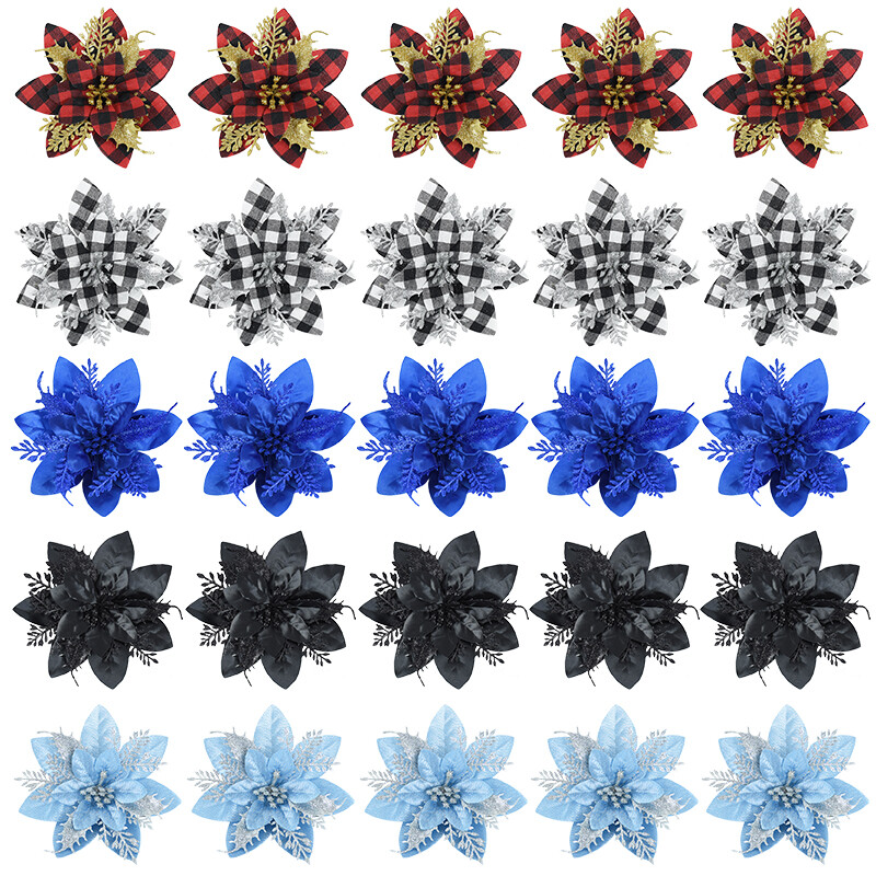 5,7 colio dirbtinės mėlynos ir juodos kalėdinės blizgančios gėlės su spaustukais 5/10 vnt Kalėdų eglutės gėlių papuošalai Noel Naujųjų metų dekoras