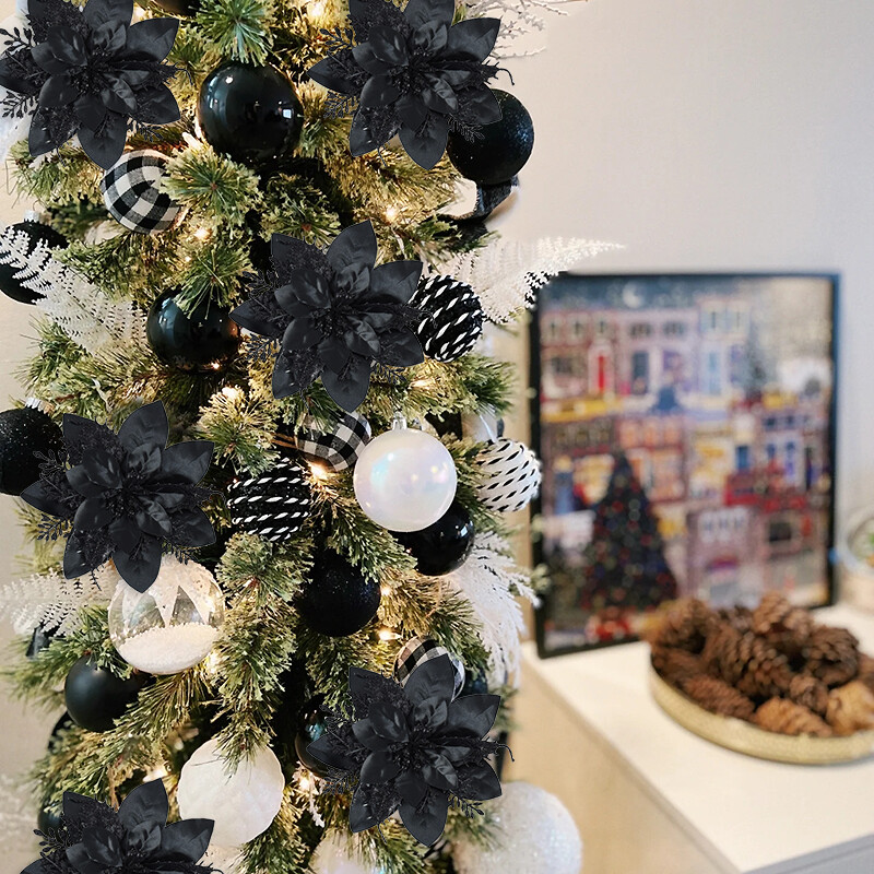 5,7 colio dirbtinės mėlynos ir juodos kalėdinės blizgančios gėlės su spaustukais 5/10 vnt Kalėdų eglutės gėlių papuošalai Noel Naujųjų metų dekoras