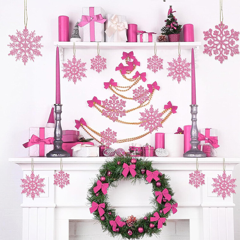 12 τμχ/Σετ Ροζ γκλίτερ πλαστικά στολίδια νιφάδα χιονιού Χριστουγεννιάτικη διακόσμηση Χώρου εκδηλώσεων Κρεμαστό χριστουγεννιάτικο δέντρο για προμήθειες χειμερινού πάρτι στο σπίτι