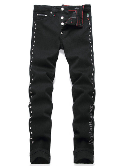 2024-es új punk stílusú, fekete hímzett férfi farmernadrág, divatos fűzfa körmök derékközépig vékony, rugalmas nadrág