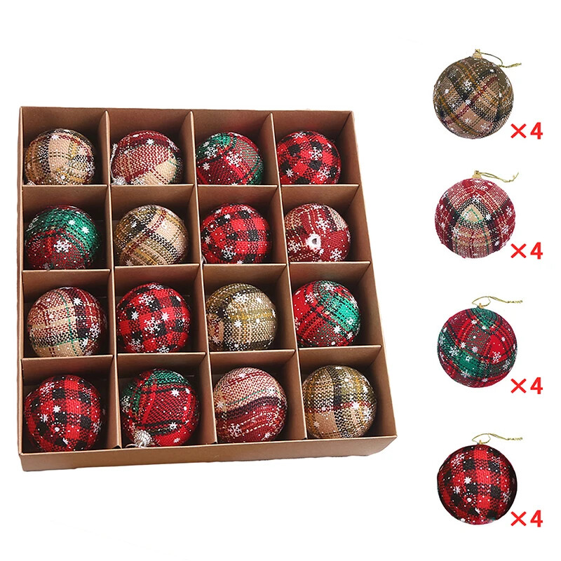 16 vnt Kalėdų rutulio papuošalų rinkinys 6 cm Buffalo Plaid audinio kamuoliukų dekoracijos Nedūžtantys kabantys papuošalai vakarėliui