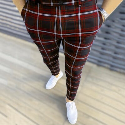 Ανδρικά Four Seasons Fashion Casual καρό εμπριμέ με φερμουάρ στο πόδι παντελόνι Κοστούμι ελαστικό σχοινί αναπνεύσιμο παντελόνι με δέσιμο στο πόδι