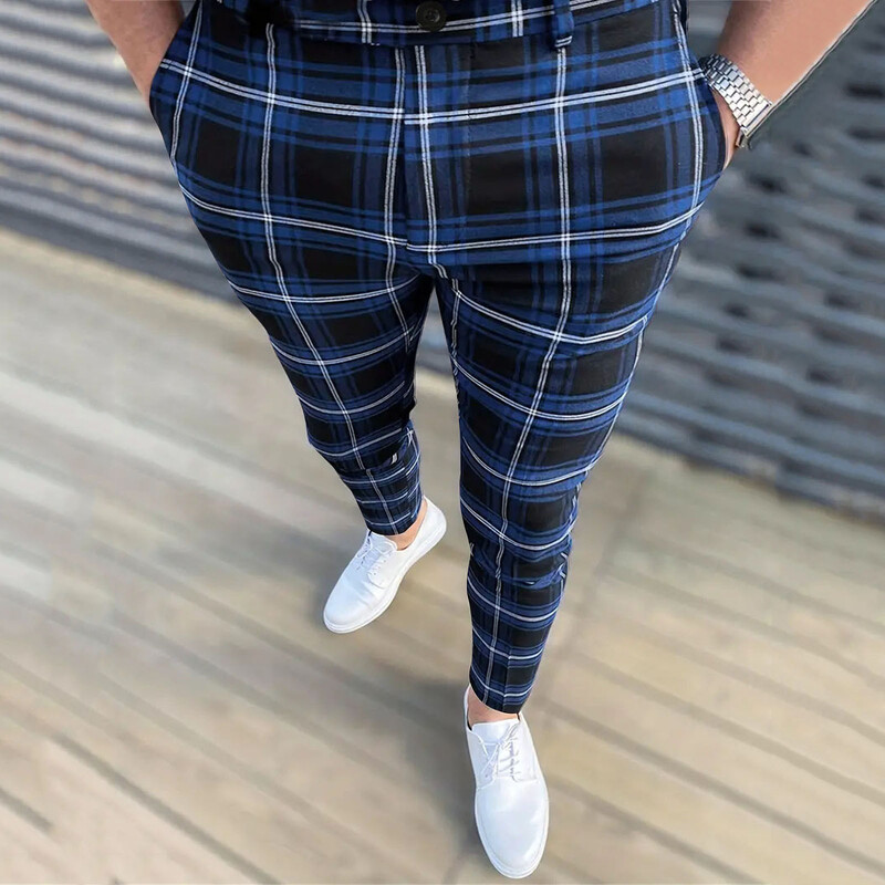 Férfi Four Seasons divat Alkalmi kockás, nyomtatott zsebes cipzáras gombos lábszárú nadrágkosztüm Rugalmas kötéllel légáteresztő, megkötős lábú nadrág