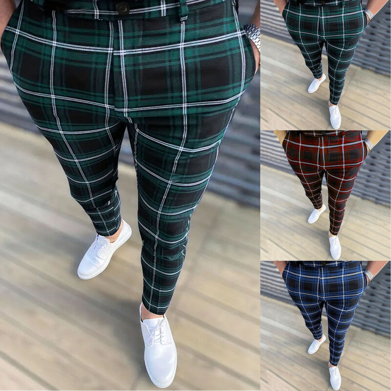 Férfi Four Seasons divat Alkalmi kockás, nyomtatott zsebes cipzáras gombos lábszárú nadrágkosztüm Rugalmas kötéllel légáteresztő, megkötős lábú nadrág