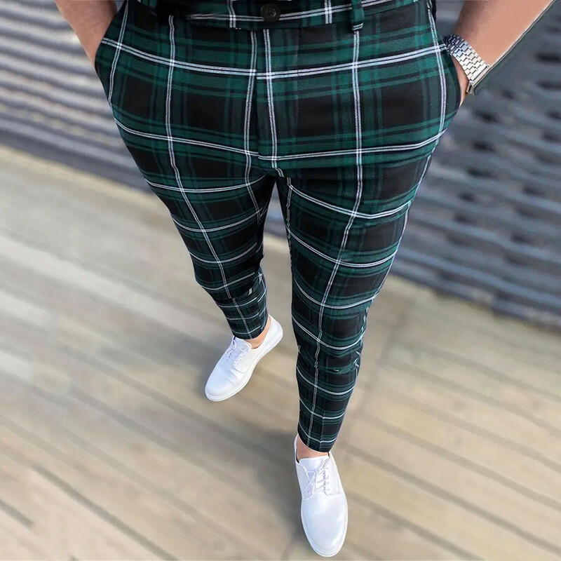 Férfi Four Seasons divat Alkalmi kockás, nyomtatott zsebes cipzáras gombos lábszárú nadrágkosztüm Rugalmas kötéllel légáteresztő, megkötős lábú nadrág