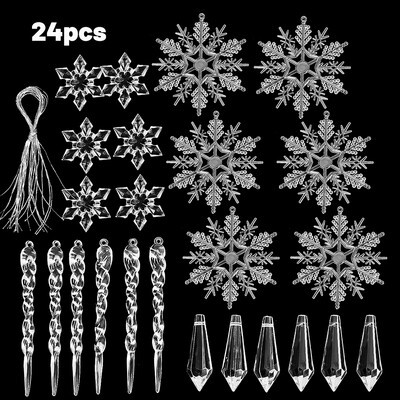 24/12 τεμ. Ακρυλικό Snowflake Simulation Ice μενταγιόν Χριστουγεννιάτικο δέντρο που κρέμεται καθαρό Fake Icicle Πρωτοχρονιάτικο Διακόσμηση χειμερινού πάρτι για το σπίτι