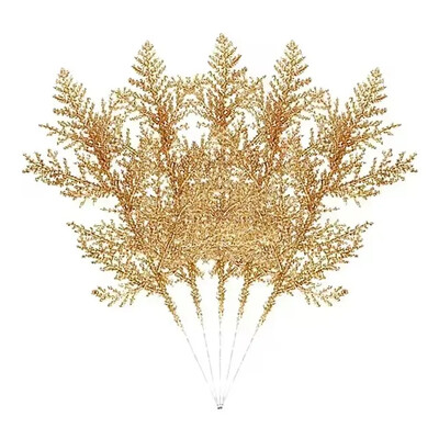 Ramuri cu frunze de pin artificiale Crăciun, aur, argint, plante false, ghirlandă cu sclipici, ornament pentru copac de Crăciun, plantă de decorare a camerei de acasă