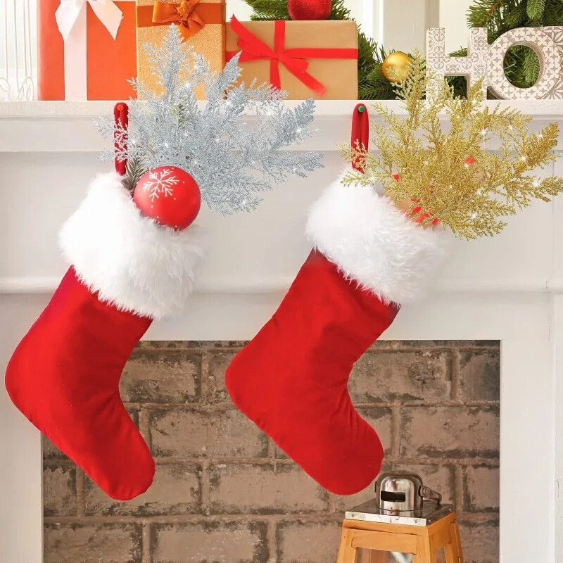 Ramuri cu frunze de pin artificiale Crăciun, aur, argint, plante false, ghirlandă cu sclipici, ornament pentru copac de Crăciun, plantă de decorare a camerei de acasă