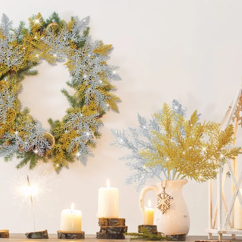 Ramuri cu frunze de pin artificiale Crăciun, aur, argint, plante false, ghirlandă cu sclipici, ornament pentru copac de Crăciun, plantă de decorare a camerei de acasă