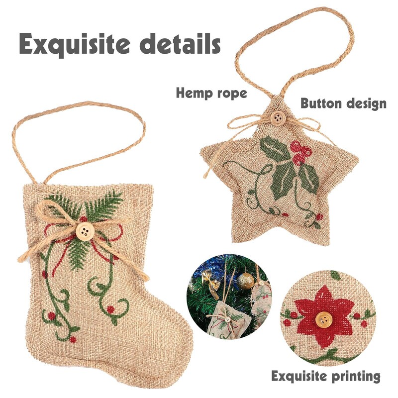 12 bucăți ornamente rustice de pânză de pânză de Crăciun, decorațiuni suspendate pentru fermă, decor în formă de minge pentru ciorapi de Crăciun pentru Chris