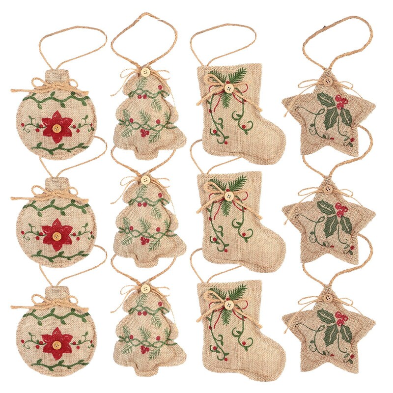 12 bucăți ornamente rustice de pânză de pânză de Crăciun, decorațiuni suspendate pentru fermă, decor în formă de minge pentru ciorapi de Crăciun pentru Chris