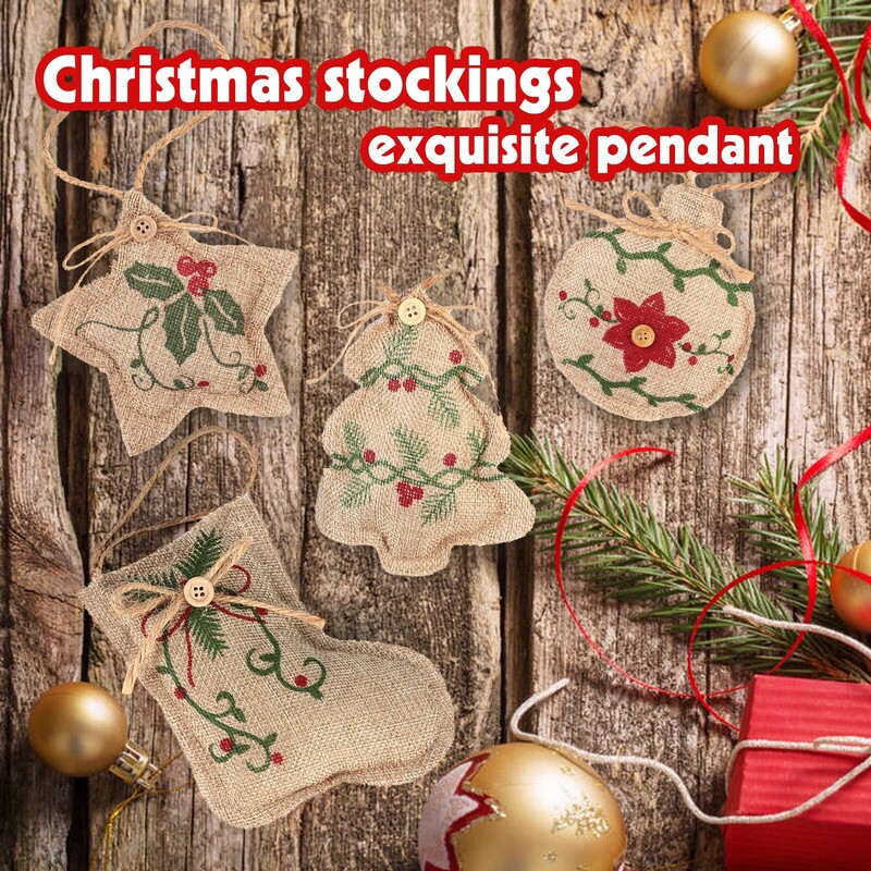 12 bucăți ornamente rustice de pânză de pânză de Crăciun, decorațiuni suspendate pentru fermă, decor în formă de minge pentru ciorapi de Crăciun pentru Chris