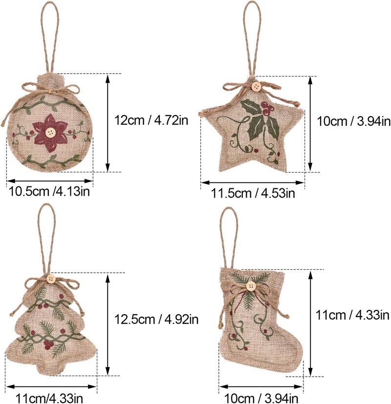 12 bucăți ornamente rustice de pânză de pânză de Crăciun, decorațiuni suspendate pentru fermă, decor în formă de minge pentru ciorapi de Crăciun pentru Chris