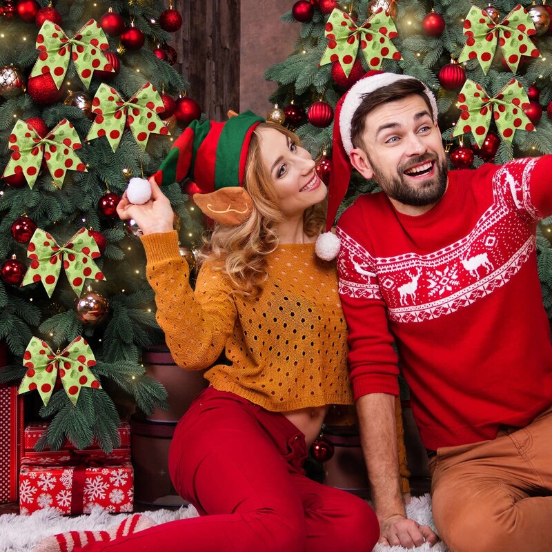 8 bucăți roșu și verde decorațiuni cu fundă cu buline de Crăciun Accesorii de Crăciun Cutie de cadou Decorație cu ghirlande de copac de spiriduș de Crăciun