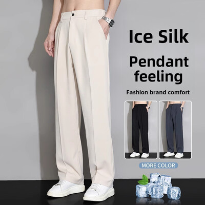 Pantaloni casual pentru bărbați, cu o formă lejeră, picior drept, picior lat, vară, ușoare, din mătase de gheață, modă dropshipping