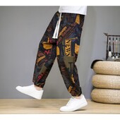 Vīriešu laternas bikses etniskā stila kāju sasienama virve brīva lina retro apdruka Harun Bound Feet Ikdienas pavasara un rudens bikses