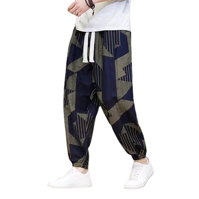 Vīriešu laternas bikses etniskā stila kāju sasienama virve brīva lina retro apdruka Harun Bound Feet Ikdienas pavasara un rudens bikses