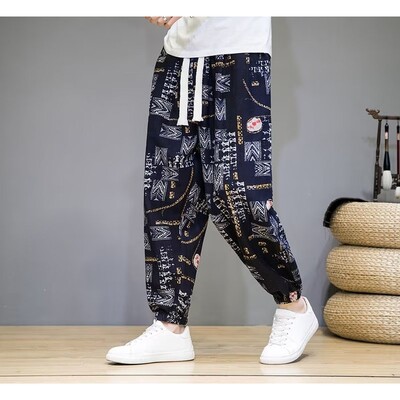 Vīriešu laternas bikses etniskā stila kāju sasienama virve brīva lina retro apdruka Harun Bound Feet Ikdienas pavasara un rudens bikses
