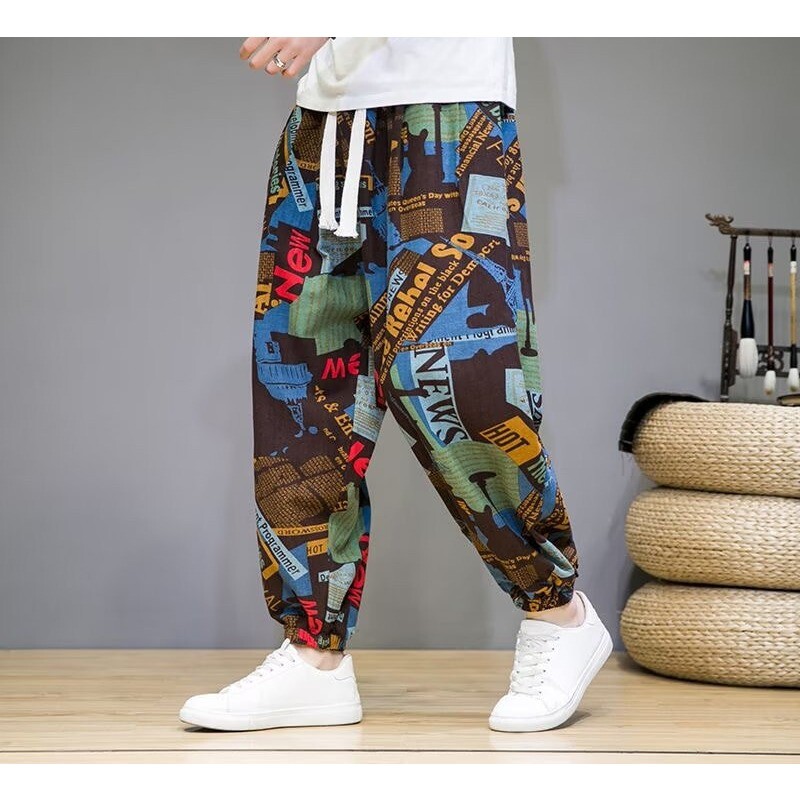 Vīriešu laternas bikses etniskā stila kāju sasienama virve brīva lina retro apdruka Harun Bound Feet Ikdienas pavasara un rudens bikses