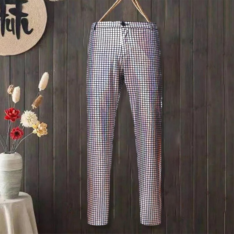 Klasikinio dizaino vyriškos kelnės Stilingos vyriškos kelnės vaivorykštės blizgučiais diskotekos kelnės, skirtos naktiniam klubui DJ Stage Platus pritaikymas 70-aisiais