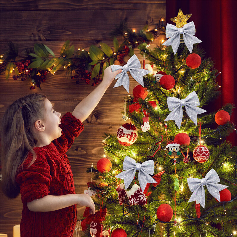 5 db/szett 14 cm-es csillogó masni karácsonyi díszek karácsonyfa medál dísz otthoni dekorációhoz Újévi buli barkács masni díszek