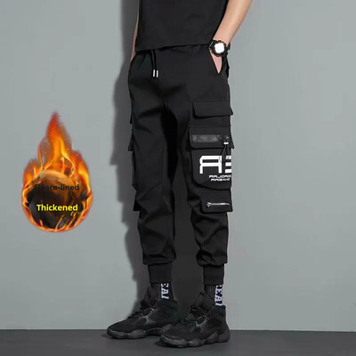 Rudeninės žiemos krovininės kelnės vyriškos vilnos pamušalu, pastorintos, laisvos, dėvėjimui atsparios laisvalaikio kelnės, kelios kišenės darbui