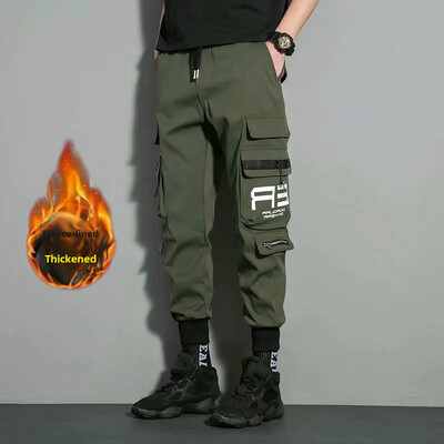 Rudeninės žiemos krovininės kelnės vyriškos vilnos pamušalu, pastorintos, laisvos, dėvėjimui atsparios laisvalaikio kelnės, kelios kišenės darbui