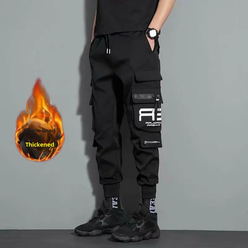 Rudeninės žiemos krovininės kelnės vyriškos vilnos pamušalu, pastorintos, laisvos, dėvėjimui atsparios laisvalaikio kelnės, kelios kišenės darbui