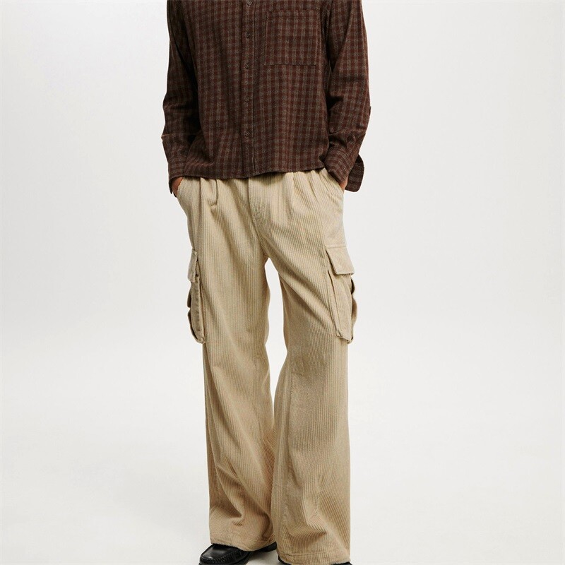 Vīriešu modernas velveta bikses brīvas, taisnas kājas ikdienišķas daudzkabatu bikses japāņu stila darba apģērbs High Street stila vīriešu
