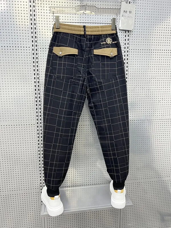 Pantaloni negri în carouri Pantaloni casual creion Îmbrăcăminte pentru bărbați de marcă de lux de înaltă calitate