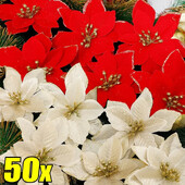 50/10 ΤΕΜ. Κόκκινο χρυσό Glitter Χριστουγεννιάτικα λουλούδια Τεχνητά ψεύτικα λουλούδια λουλούδια γιρλάντα Χριστουγεννιάτικο δέντρο Πρωτοχρονιάτικο στολίδια για το σπίτι Διακόσμηση σπιτιού