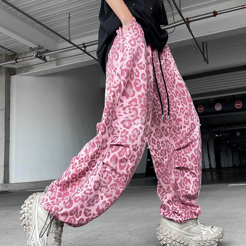 Pantaloni largi pentru bărbați leopard roz Îmbrăcăminte de lucru Pantaloni drepți pentru bărbați Îmbrăcăminte de stradă Pantaloni sport pentru bărbați 3XL 2024 toamna nou