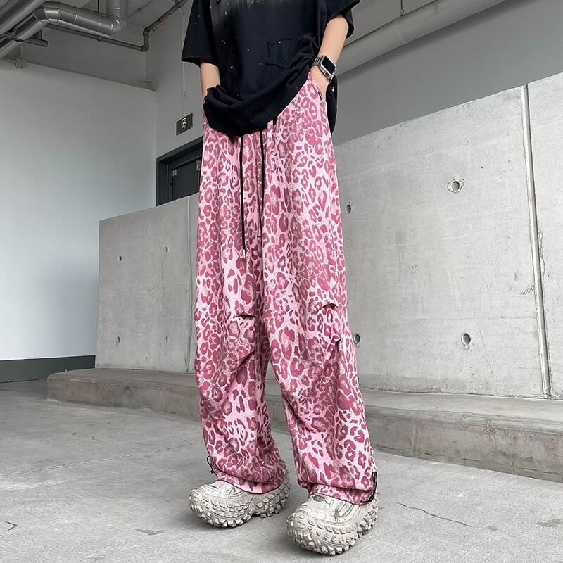 Pantaloni largi pentru bărbați leopard roz Îmbrăcăminte de lucru Pantaloni drepți pentru bărbați Îmbrăcăminte de stradă Pantaloni sport pentru bărbați 3XL 2024 toamna nou