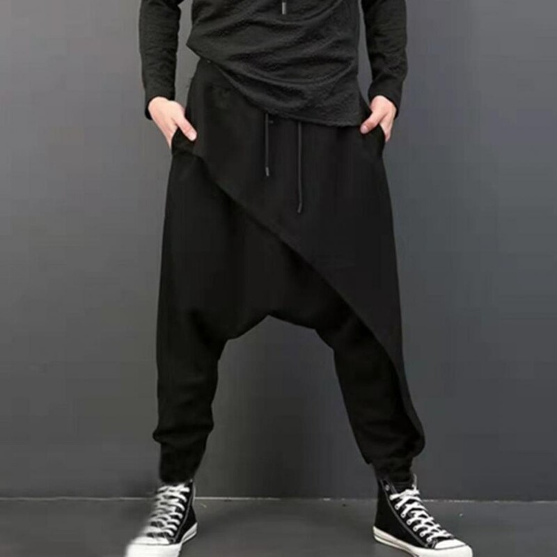 Pantaloni harem pentru bărbați, supradimensionați, cu crotch, talie elastică, hip-hop, skateboard, fitness, pantaloni harem vintage, pantaloni largi, largi